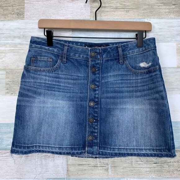 Hollister Button Front Jean Mini Skirt Raw Hem Distressed Med Wash Womens 5 27 - Picture 1 of 4